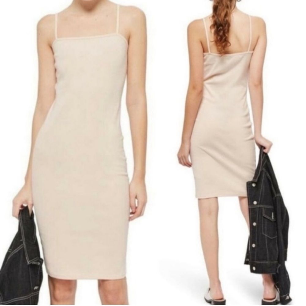 NWT Topshop Nude Bodycon Square Neck Sheath‎ Midi Dress Size 2